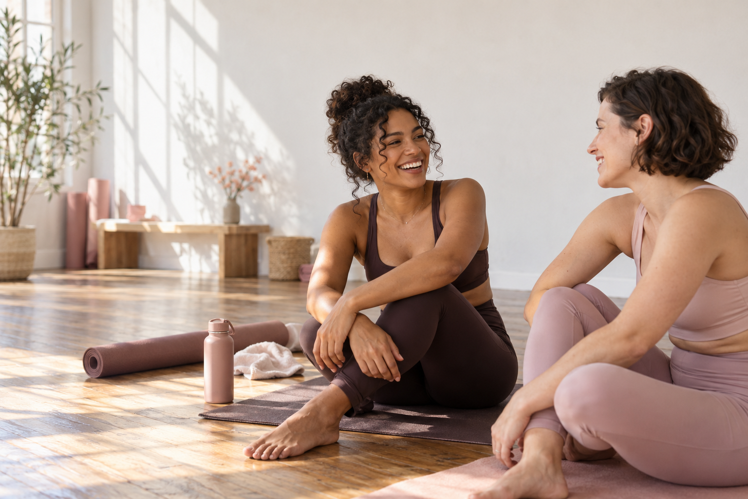 Illustrative scene of two women chatting beside their Pilates mats in a sunlit studio